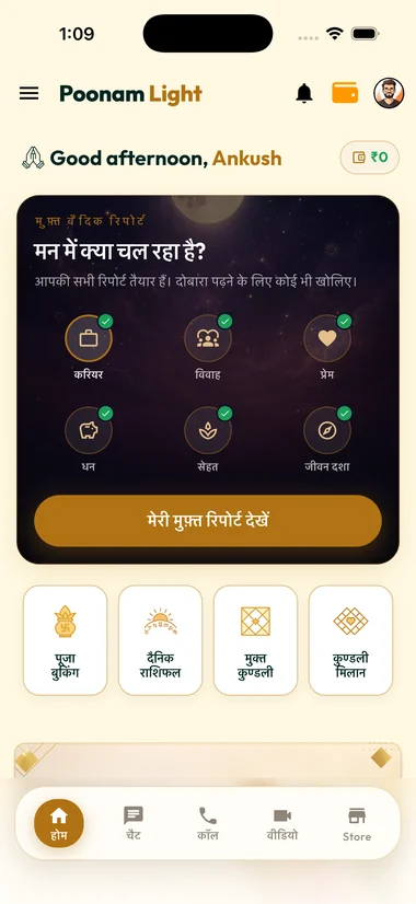 The app home screen in Hindi, showing the six free report cards.