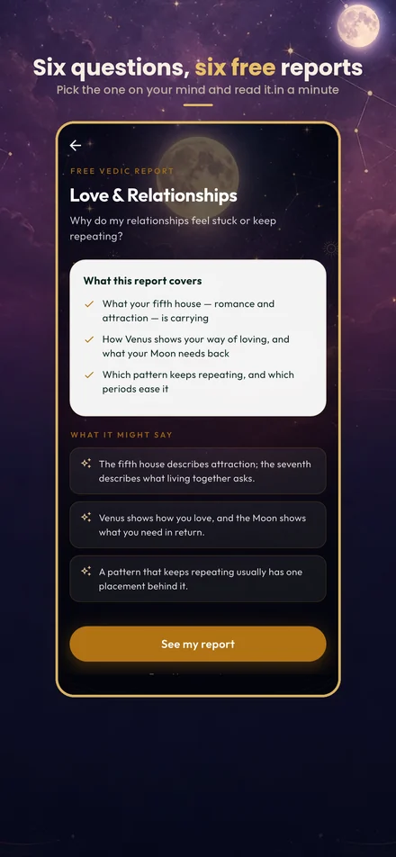 The Poonam Light app showing the six free Vedic report cards: career, marriage, love, money, health and life phase.