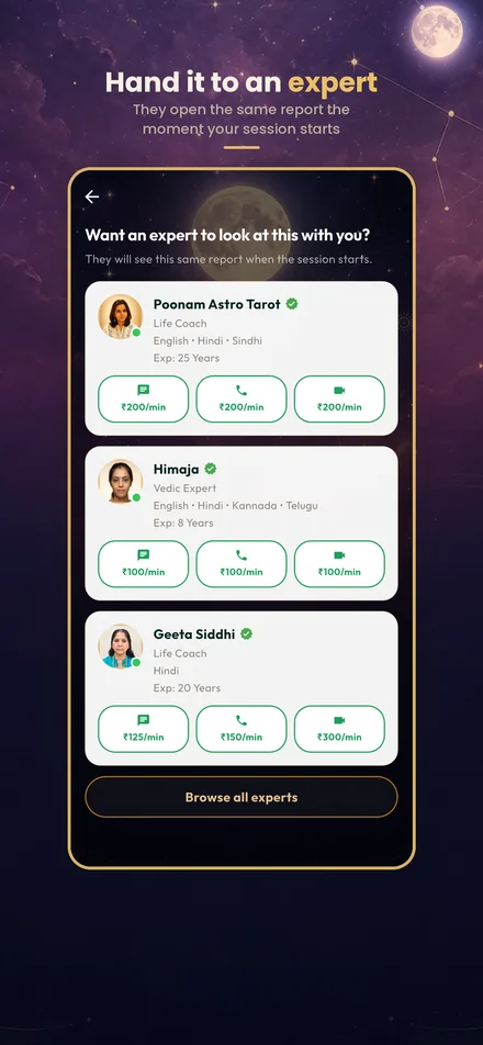 Choosing an Expert in the app, above a line reading: they will see this same report when the session starts.