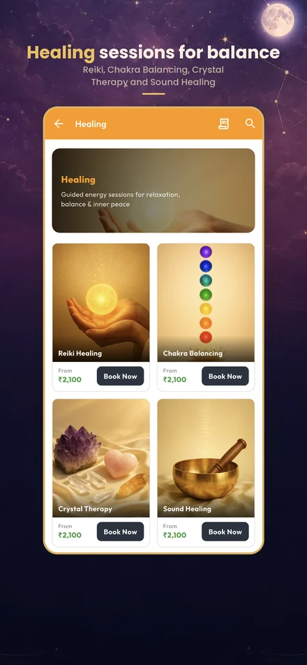 Healing sessions in the app: Reiki, chakra balancing, crystal therapy and sound healing.