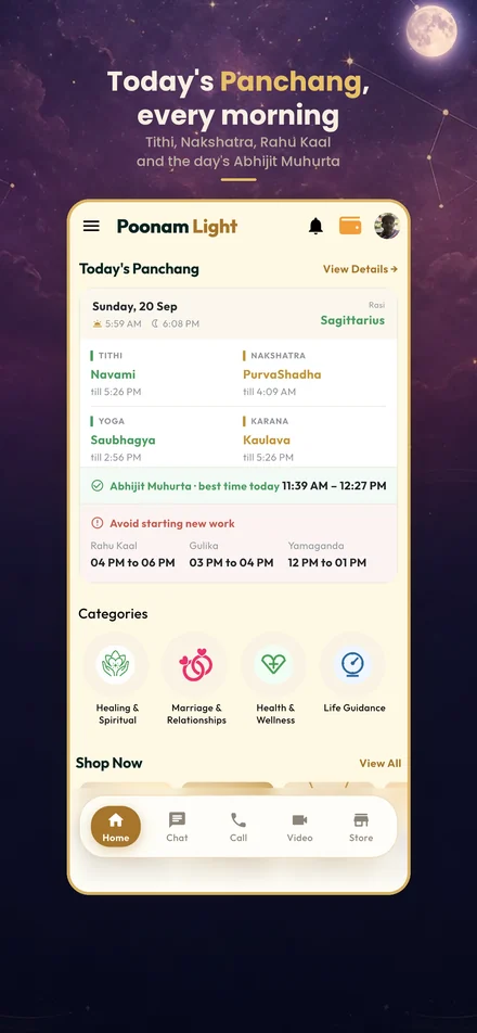 Today's Panchang in the app: tithi, nakshatra, Rahu Kaal and the day's Abhijit Muhurta.