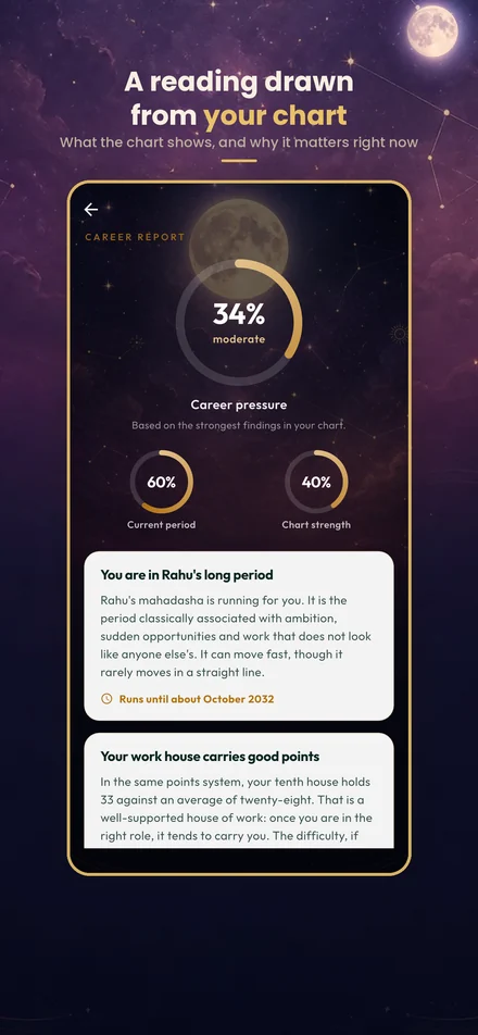 A career report in the Poonam Light app: a reading drawn from the birth chart, with the strongest findings written out.
